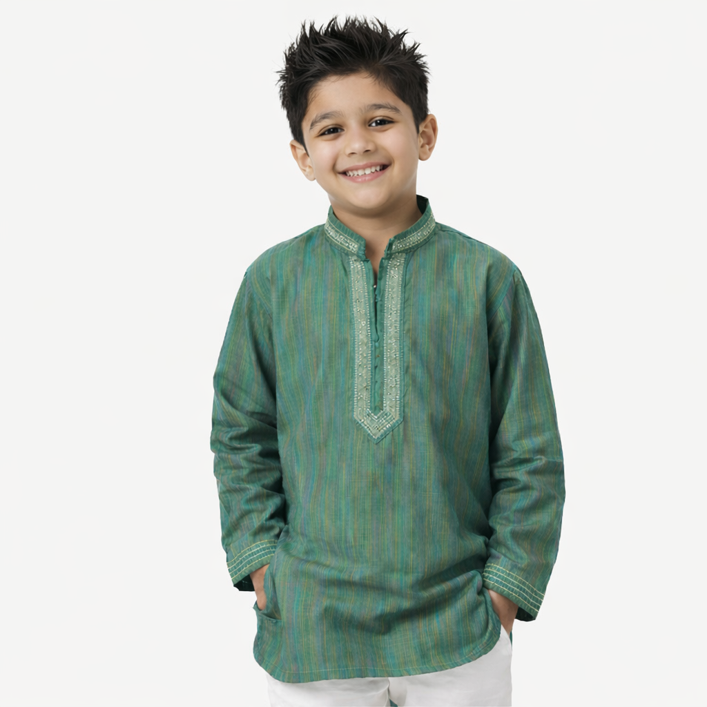 Traditional Cotton Kurta with Elegant Neck Design (Green)