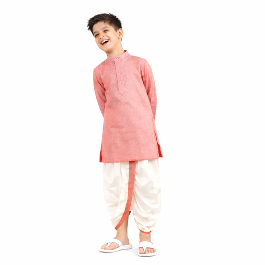 Silk Dhoti Set with Border (Pink)