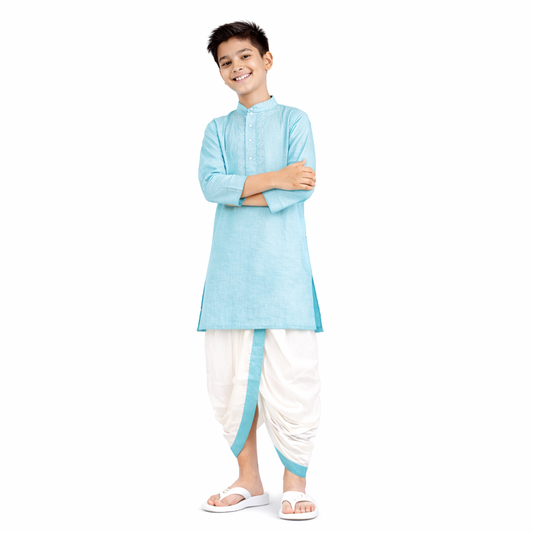 Silk Dhoti Set with Border (Sky Blue)