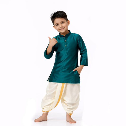 Silk Ethnic Kurta & Dhoti Set for Boys (Teal)