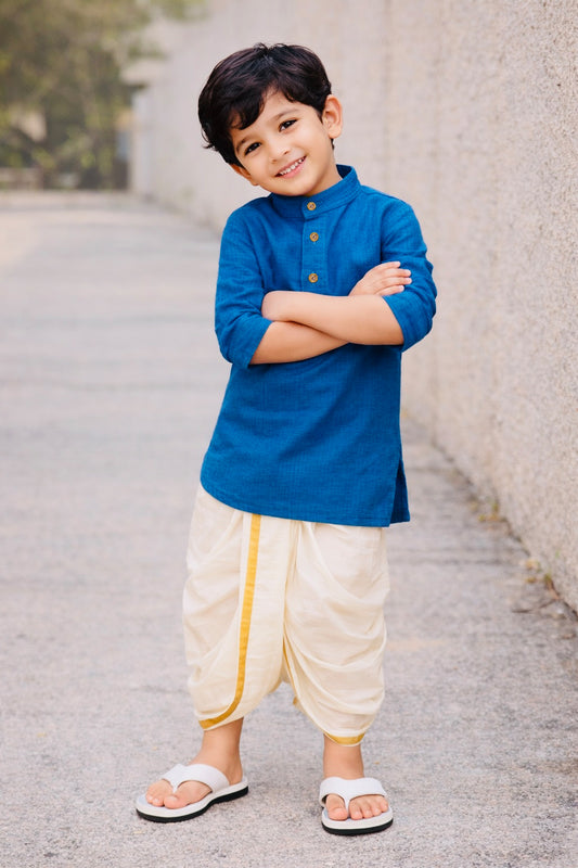Elegant Cotton Kurta & Silk Dhoti Set for Boys (Light Blue)