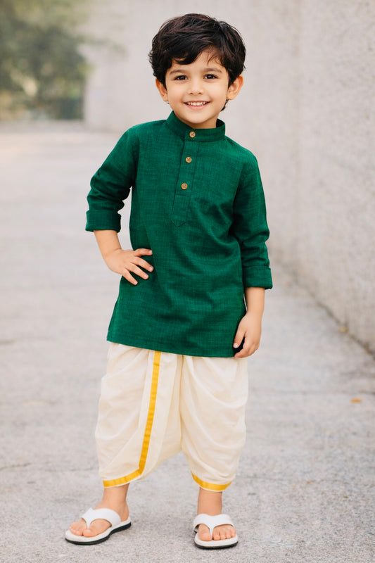 Elegant Cotton Kurta & Silk Dhoti Set for Boys (Dark Green)