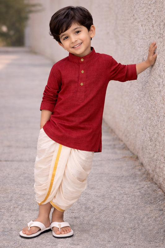 Elegant Cotton Kurta & Silk Dhoti Set for Boys (Red)