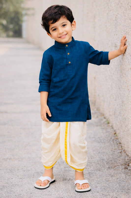 Elegant Cotton Kurta & Silk Dhoti Set for Boys (Teal)
