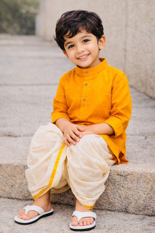 Elegant Cotton Kurta & Silk Dhoti Set for Boys (Yellow)